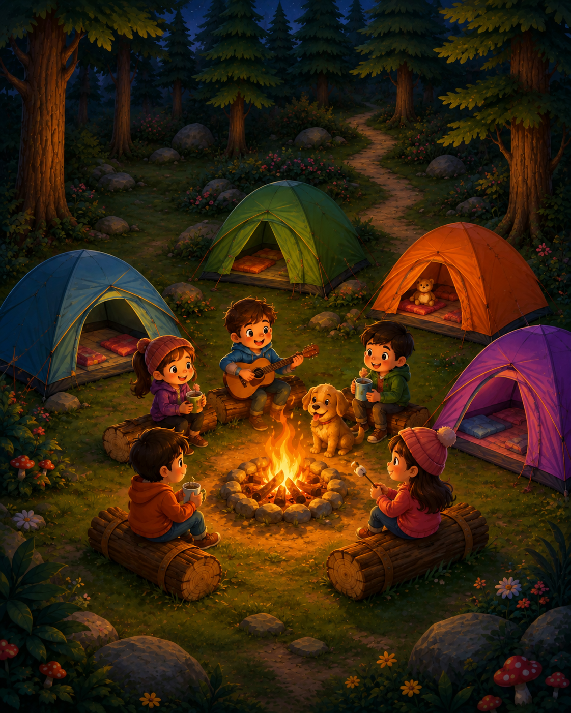 Cozy campsite scene around a campfire in the Ziro forest